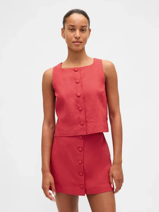 Linen-Blend Button-Front Shell Top