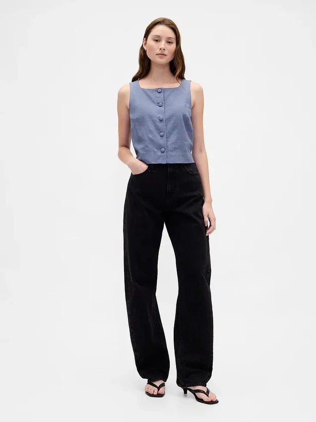 Linen-Blend Button-Front Shell Top