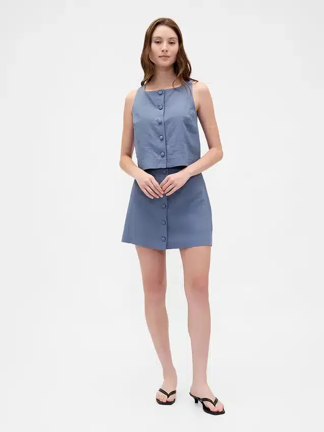 Linen-Blend Button-Front Shell Top