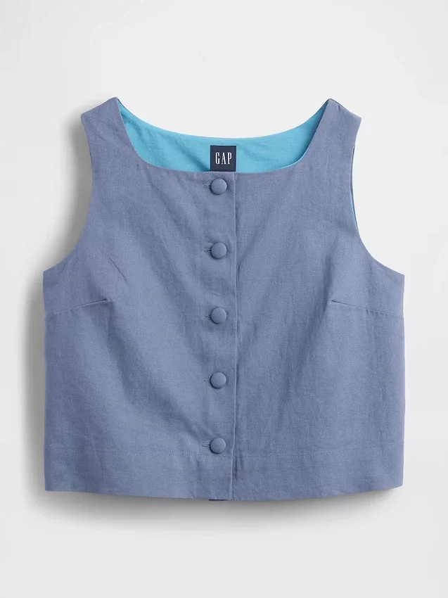 Linen-Blend Button-Front Shell Top