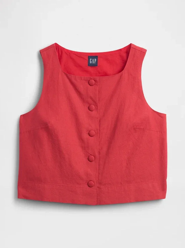 Linen-Blend Button-Front Shell Top