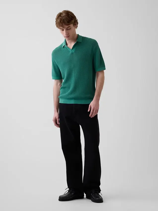 Linen-Blend Camp Polo Sweater Shirt