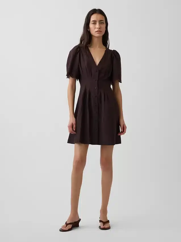 Linen-Blend Cinched Mini Shirtdress