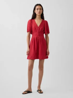 Linen-Blend Cinched Mini Shirtdress