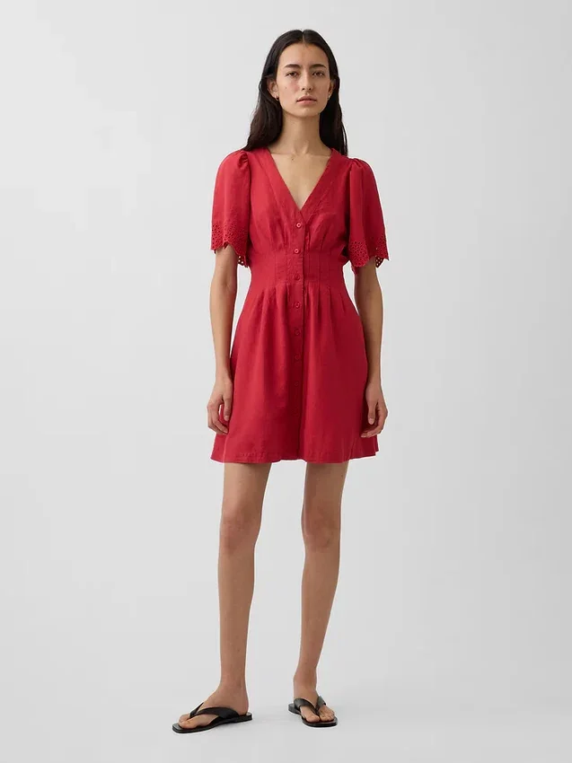 Linen-Blend Cinched Mini Shirtdress