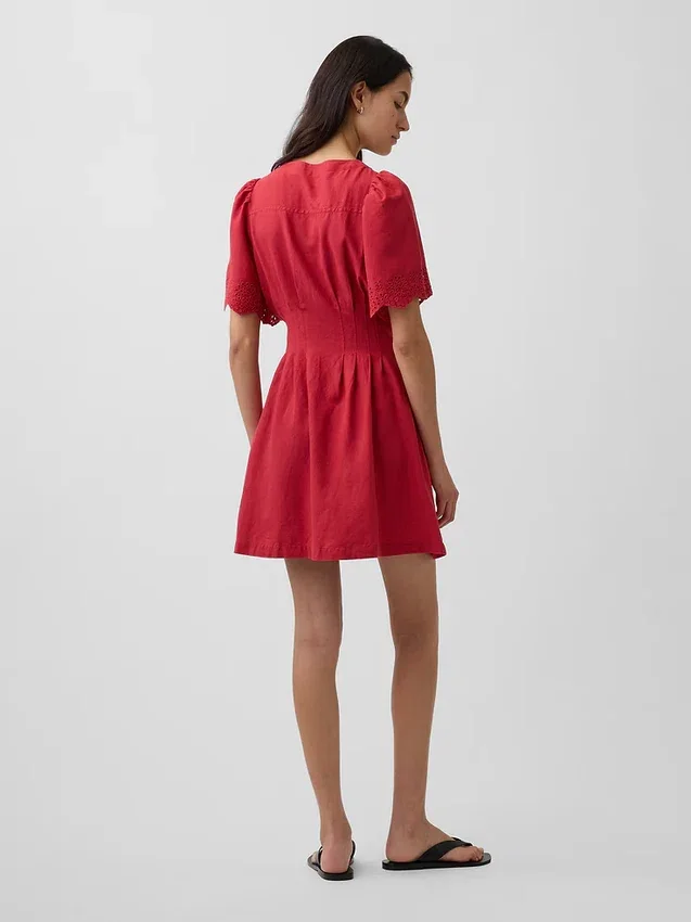 Linen-Blend Cinched Mini Shirtdress