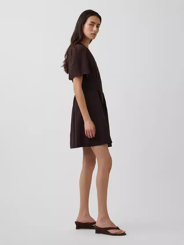 Linen-Blend Cinched Mini Shirtdress