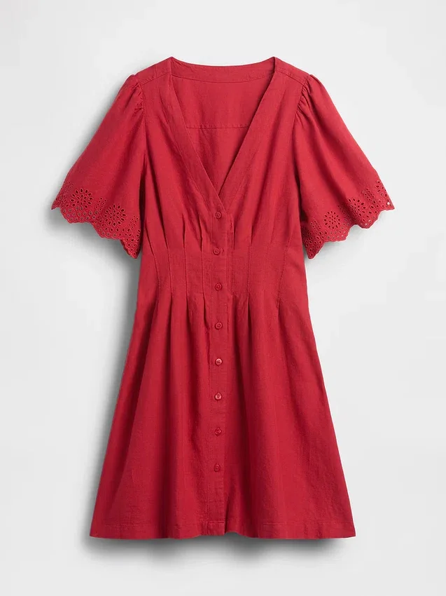 Linen-Blend Cinched Mini Shirtdress