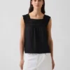 Linen-Blend Crochet Square-Neck Top