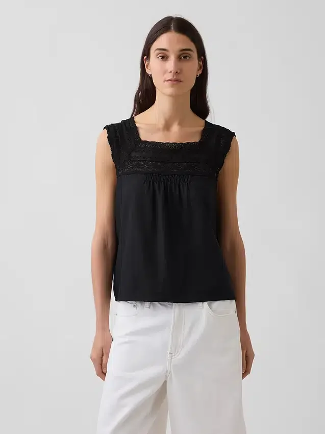 Linen-Blend Crochet Square-Neck Top
