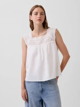 Linen-Blend Crochet Square-Neck Top