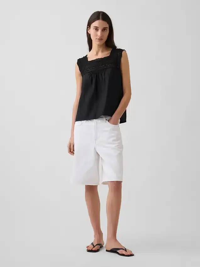 Linen-Blend Crochet Square-Neck Top
