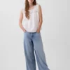 Linen-Blend Crochet Square-Neck Top