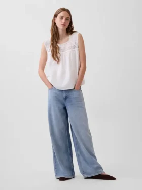 Linen-Blend Crochet Square-Neck Top
