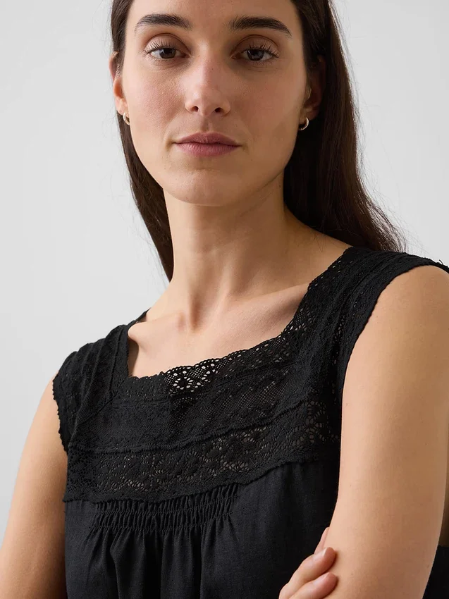 Linen-Blend Crochet Square-Neck Top