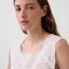 Linen-Blend Crochet Square-Neck Top