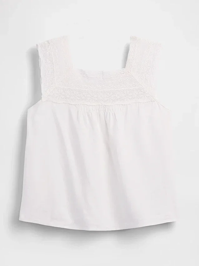 Linen-Blend Crochet Square-Neck Top