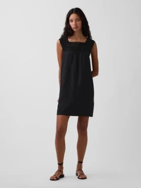 Linen-Blend Crochet Yoke Mini Dress
