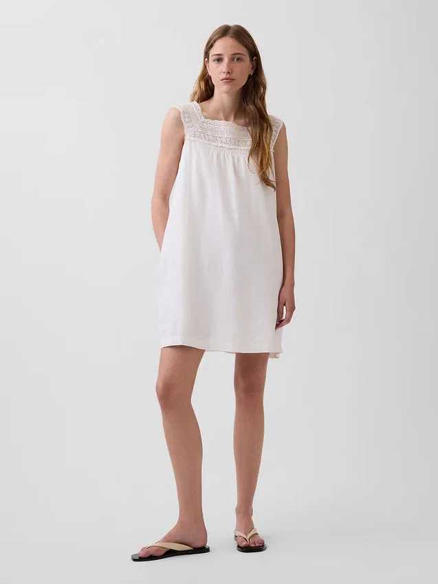 Linen-Blend Crochet Yoke Mini Dress