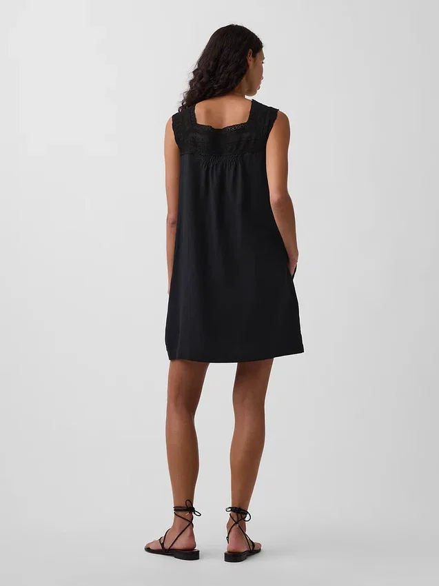 Linen-Blend Crochet Yoke Mini Dress