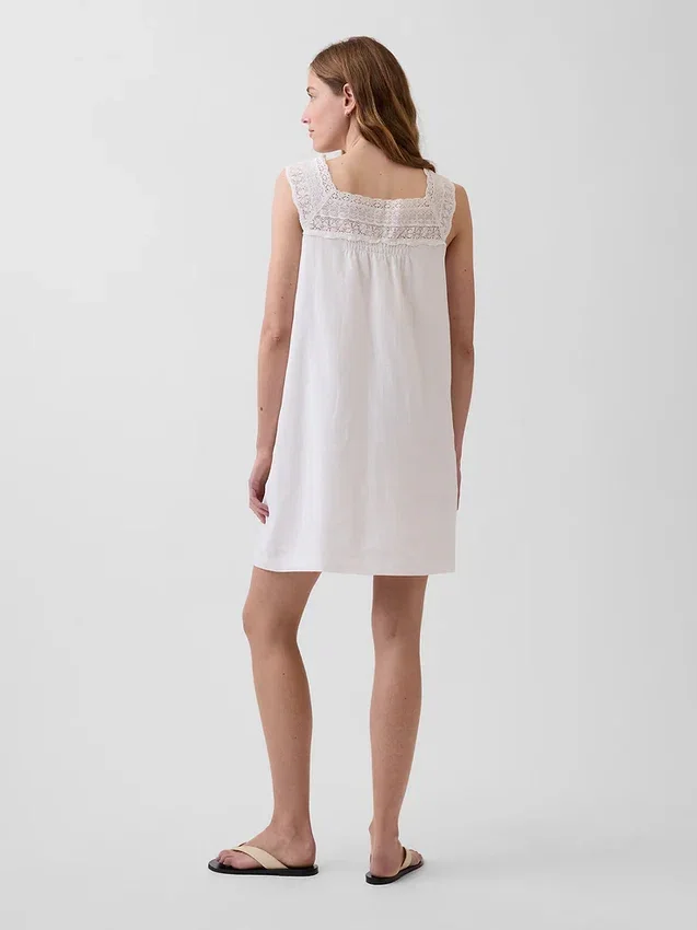 Linen-Blend Crochet Yoke Mini Dress