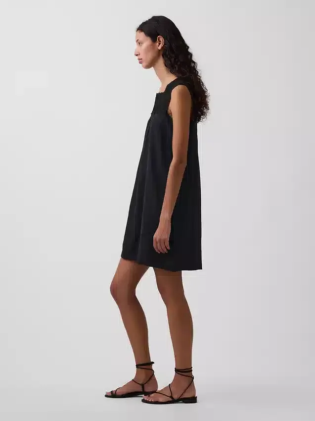 Linen-Blend Crochet Yoke Mini Dress