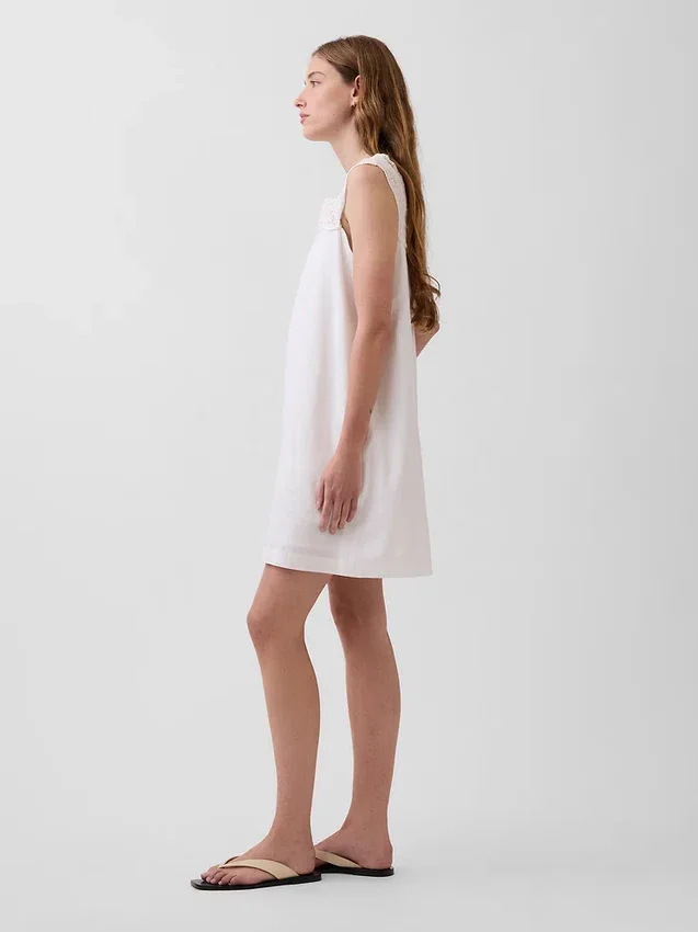 Linen-Blend Crochet Yoke Mini Dress
