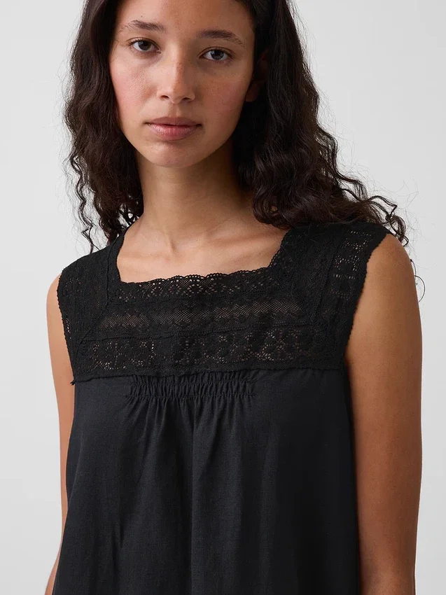 Linen-Blend Crochet Yoke Mini Dress