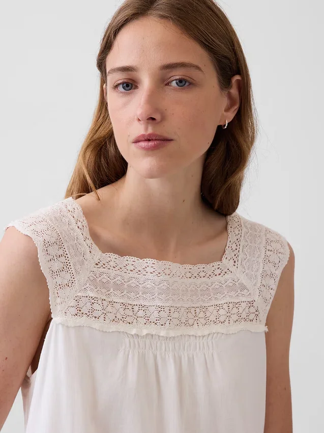 Linen-Blend Crochet Yoke Mini Dress