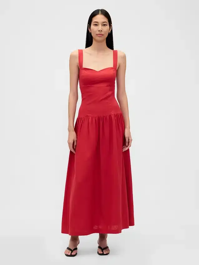 Linen-Blend Drop-Waist Corset Maxi Dress