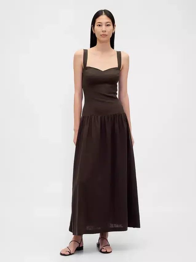 Linen-Blend Drop-Waist Corset Maxi Dress