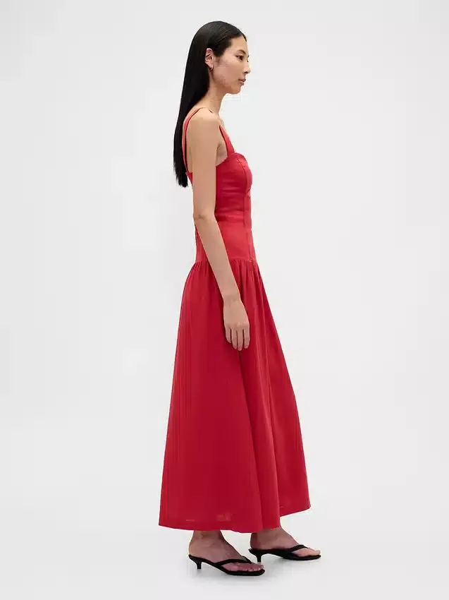 Linen-Blend Drop-Waist Corset Maxi Dress