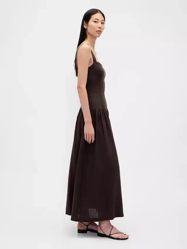 Linen-Blend Drop-Waist Corset Maxi Dress
