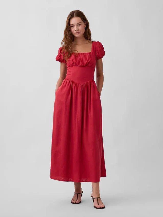 Linen-Blend Drop-Waist Maxi Dress