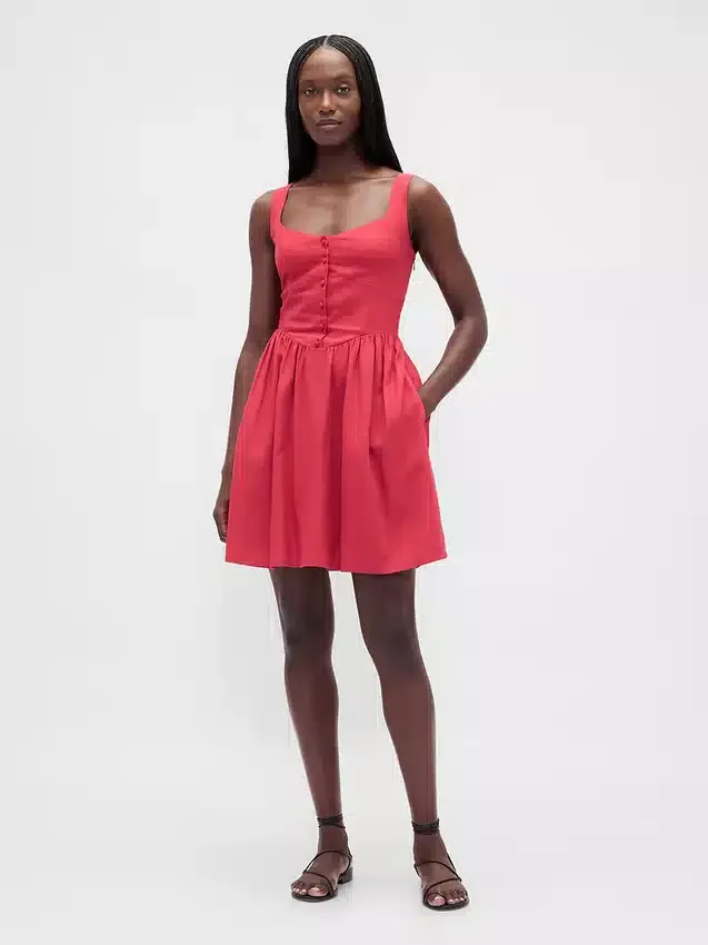 Linen-Blend Drop-Waist Mini Dress