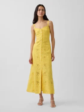 Linen-Blend Embroidered Cami Maxi Dress