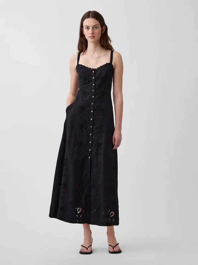 Linen-Blend Embroidered Cami Maxi Dress