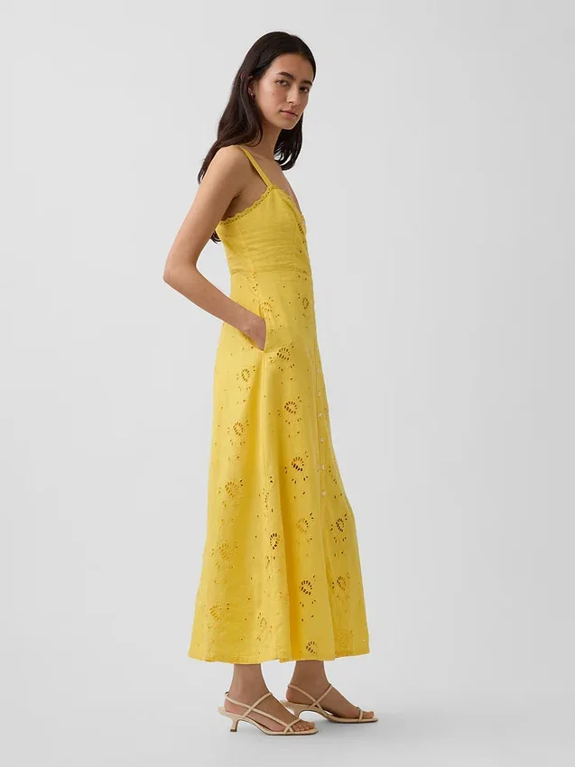 Linen-Blend Embroidered Cami Maxi Dress