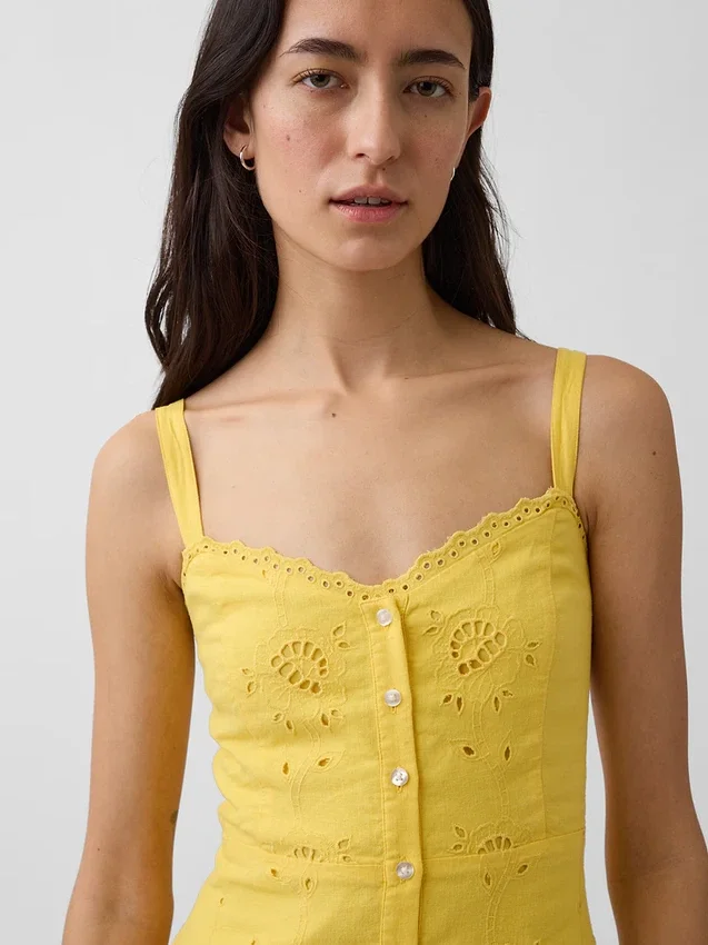 Linen-Blend Embroidered Cami Maxi Dress
