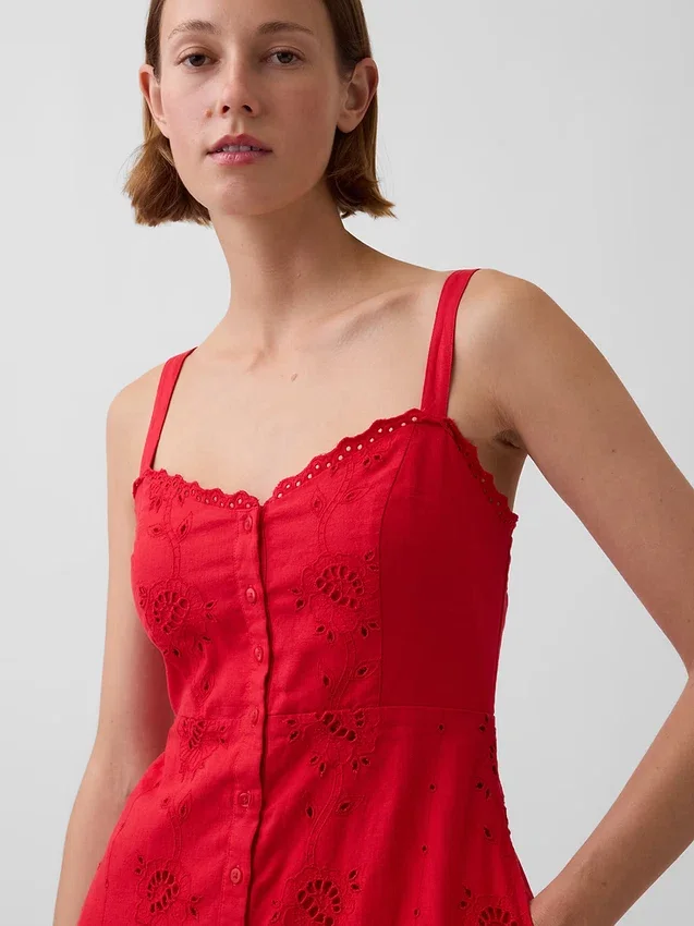 Linen-Blend Embroidered Cami Maxi Dress