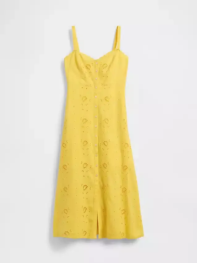 Linen-Blend Embroidered Cami Maxi Dress