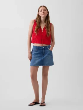 Linen-Blend Embroidered Crop Shell Tank Top