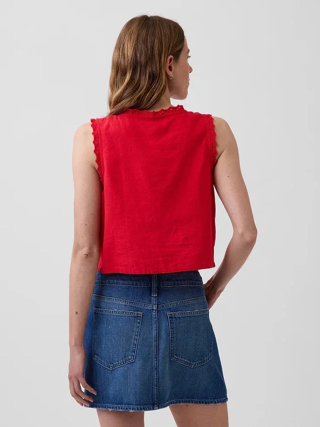 Linen-Blend Embroidered Crop Shell Tank Top