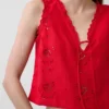 Linen-Blend Embroidered Crop Shell Tank Top