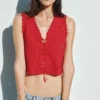Linen-Blend Embroidered Crop Shell Tank Top