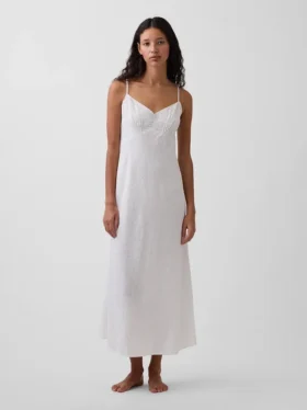 Linen-Blend Embroidered Midi Dress