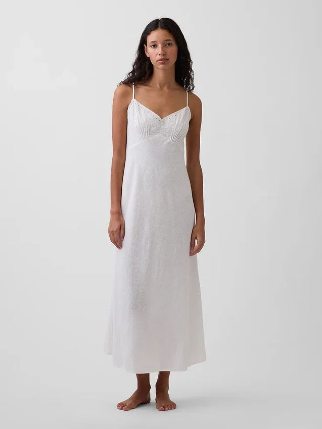 Linen-Blend Embroidered Midi Dress