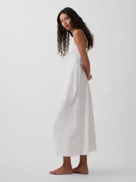 Linen-Blend Embroidered Midi Dress