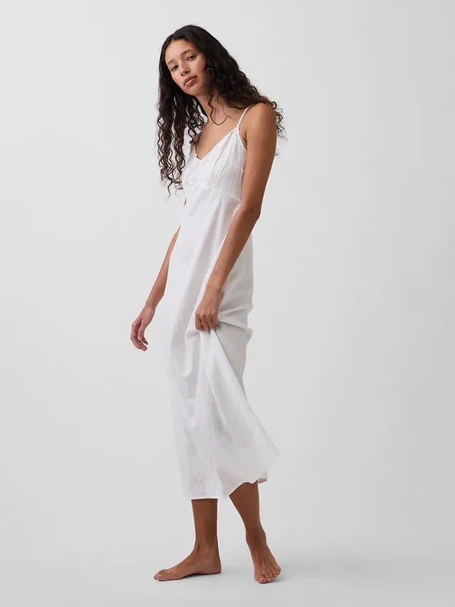 Linen-Blend Embroidered Midi Dress