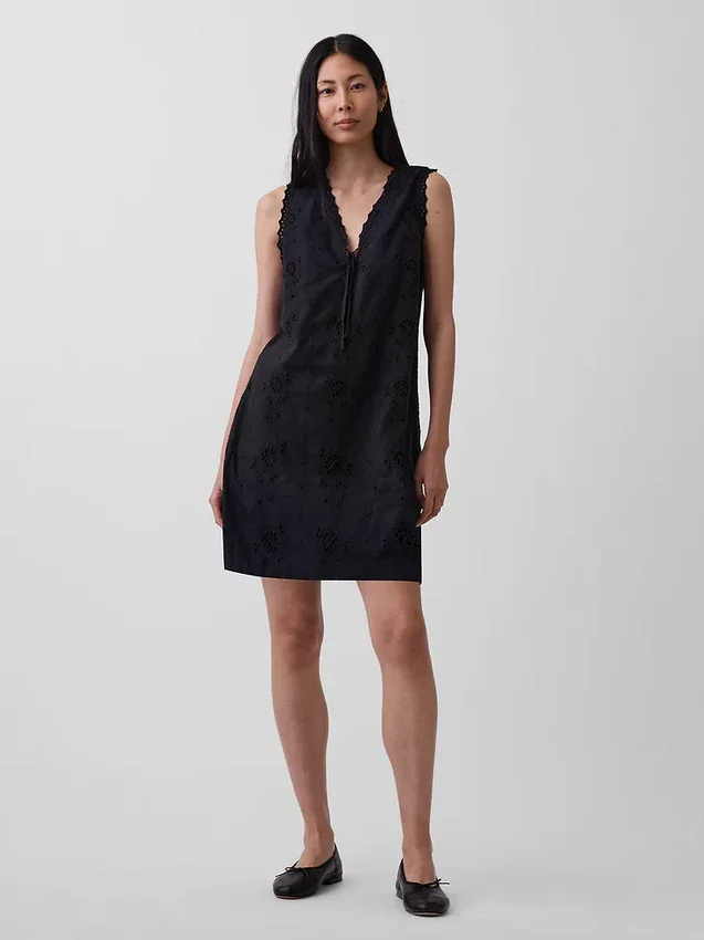 Linen-Blend Embroidered Mini Shift Dress